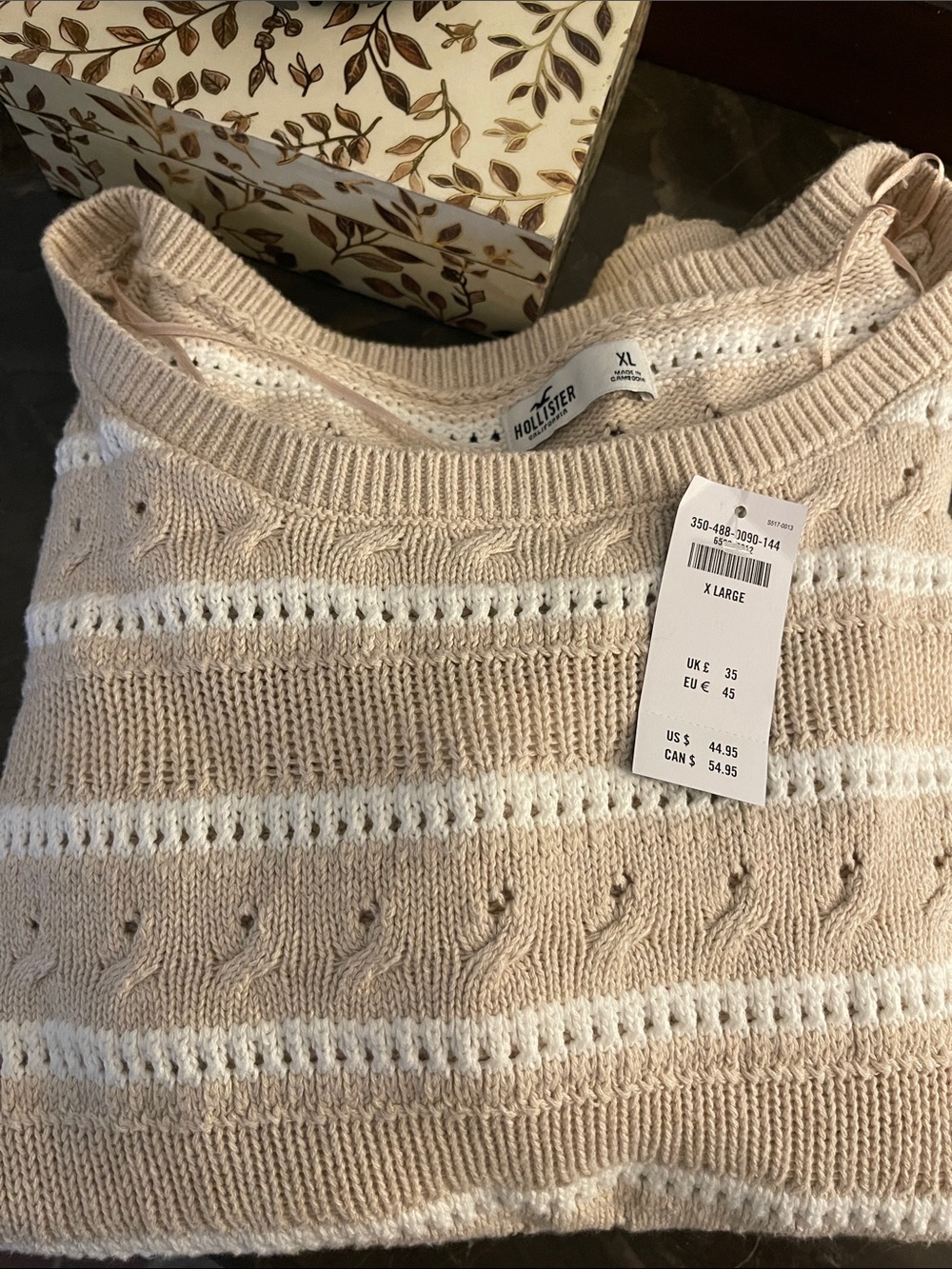 Hollister Cream and White Striped Open-Knit Crew Sweater